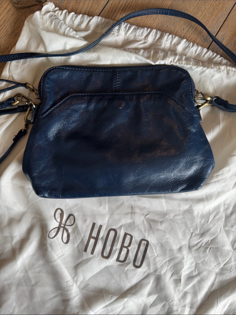 HOBO Navy Leather Crossbody with Brass Hardware